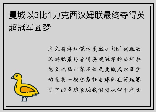 曼城以3比1力克西汉姆联最终夺得英超冠军圆梦