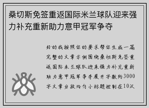 桑切斯免签重返国际米兰球队迎来强力补充重新助力意甲冠军争夺